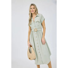 Load image into Gallery viewer, Collared Button Down Belted Midi Dress
