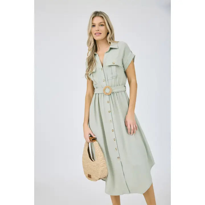 Collared Button Down Belted Midi Dress