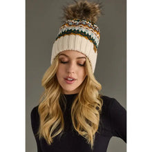 Load image into Gallery viewer, Cream &amp; Multicolored Patterned Pom Hat
