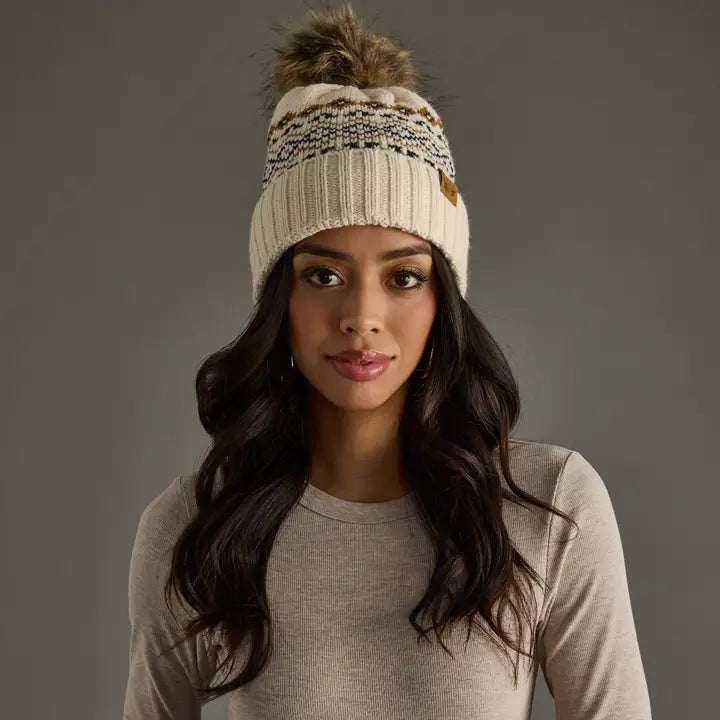 Cream, Black & Camel Patterned Pom Hat