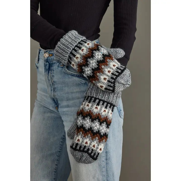 Gray, Brown & White Winter Pattern Mittens