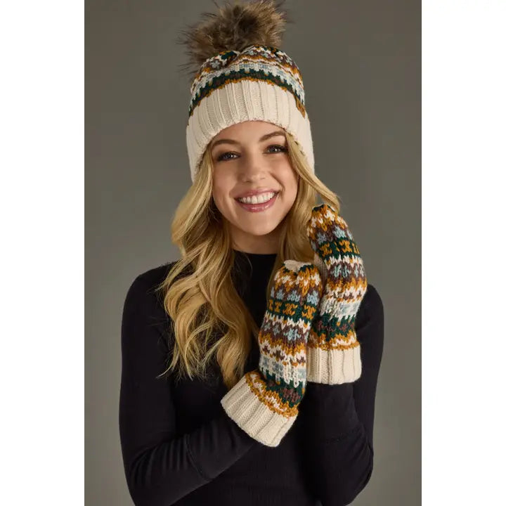 Cream & Multicolored Patterned Pom Hat