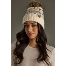 Load image into Gallery viewer, Cream, Black &amp; Camel Patterned Pom Hat
