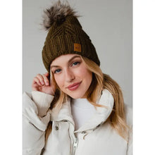 Load image into Gallery viewer, Olive Decorative Cable Knit Pom Hat
