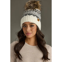 Load image into Gallery viewer, Ivory, Gray &amp; Tan  Pattern Pom Hat
