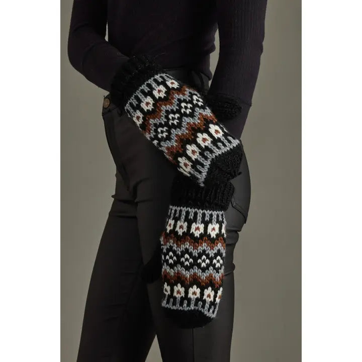 Black, White & Brown Winter Pattern Mittens