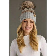 Load image into Gallery viewer, Gray, Camel &amp; Black Patterned Pom Hat
