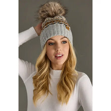 Load image into Gallery viewer, Gray, Camel &amp; Black Patterned Pom Hat
