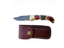 Load image into Gallery viewer, Burnt Bone and Stag Horn folding knife with Leather Sheath
