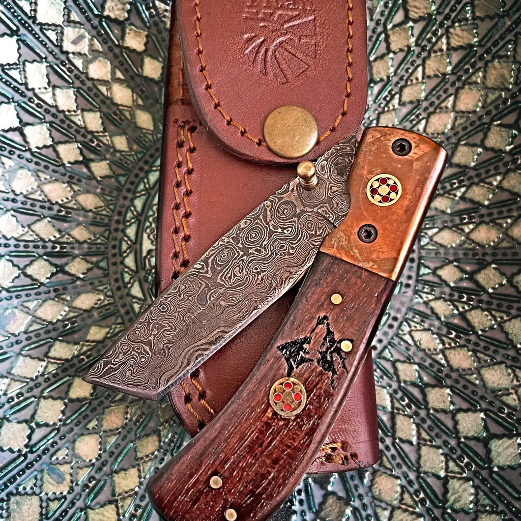 Damascus Tanto Blade Engraved Walnut Handle