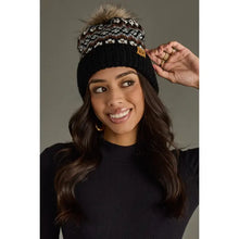 Load image into Gallery viewer, Black, White &amp; Brown Winter Pattern Pom Hat
