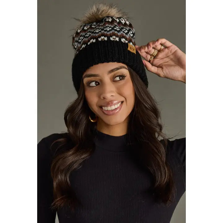 Black, White & Brown Winter Pattern Pom Hat