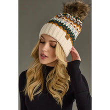 Load image into Gallery viewer, Cream &amp; Multicolored Patterned Pom Hat
