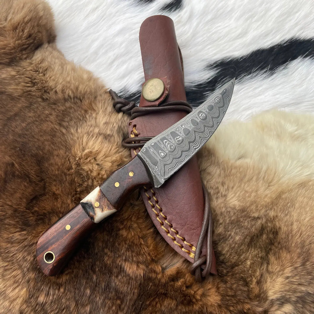 Damascus Steel Rosewood Stag Skinner Knife