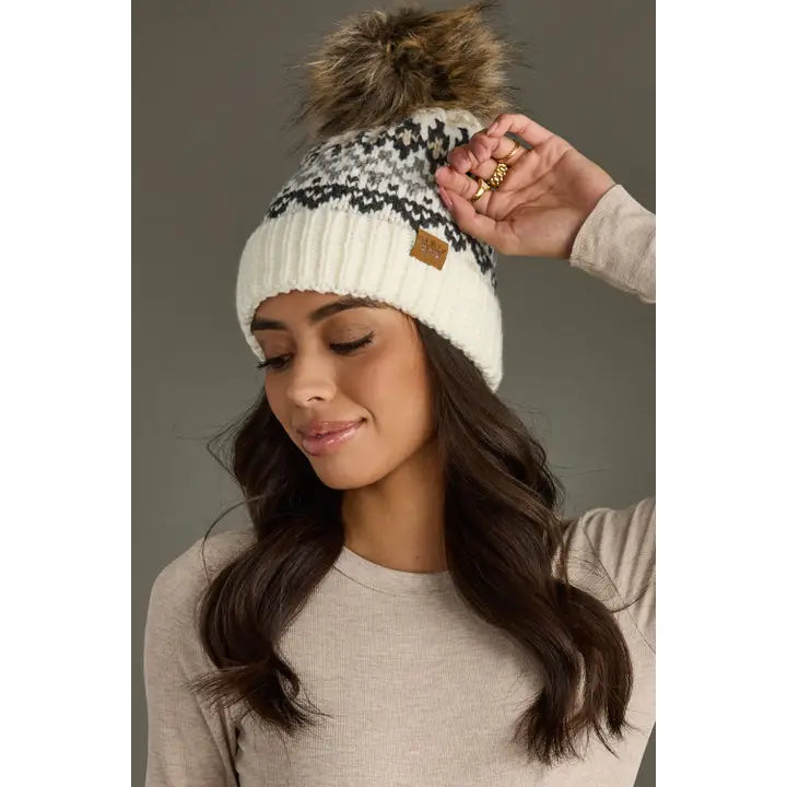 Ivory, Gray & Tan  Pattern Pom Hat