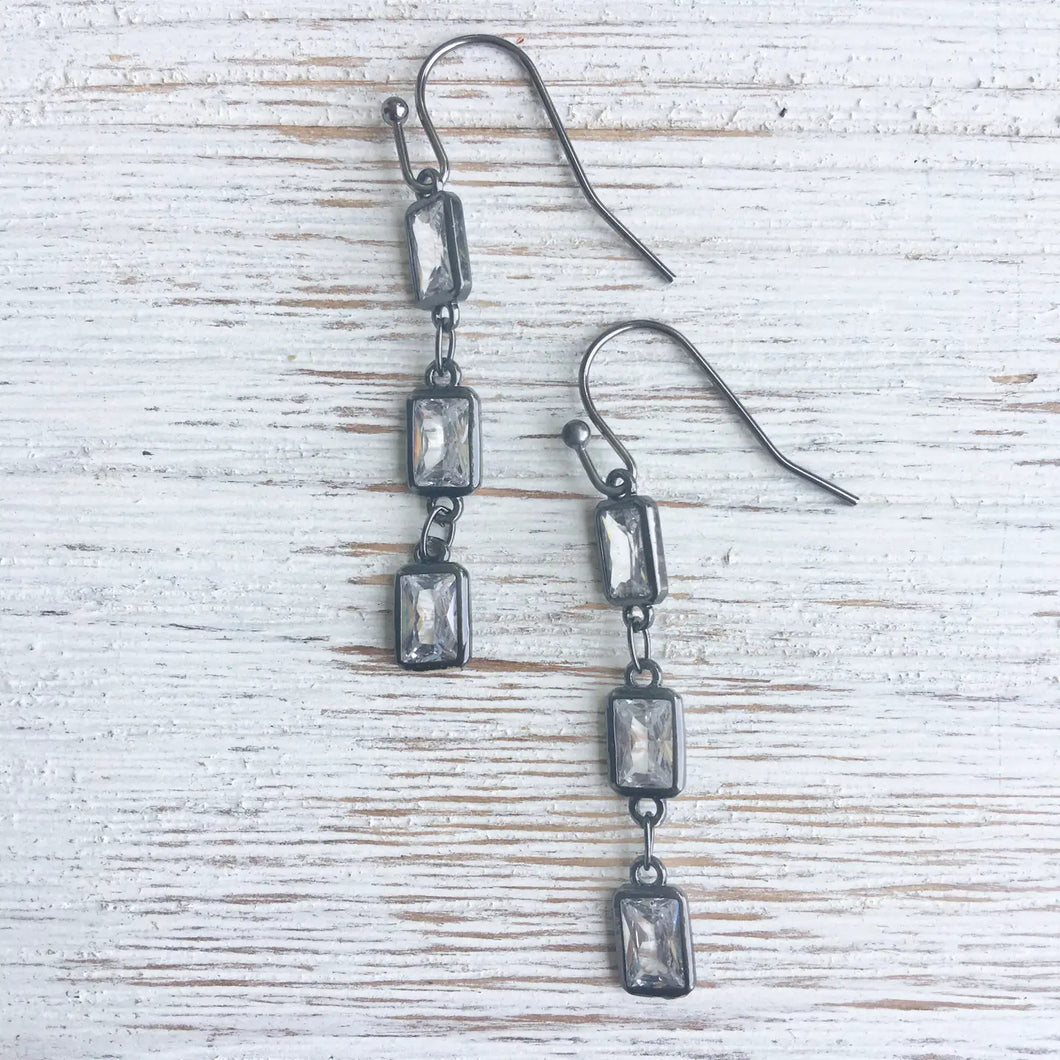Clear Rectangle Cz 3-Drop Earring