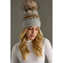 Load image into Gallery viewer, Gray, Camel &amp; Black Patterned Pom Hat
