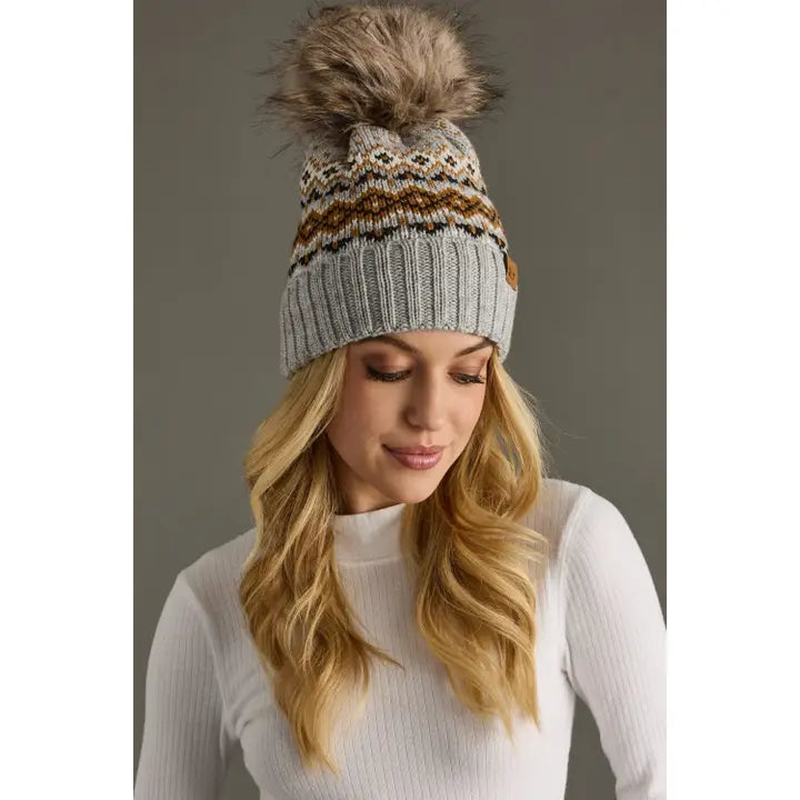 Gray, Camel & Black Patterned Pom Hat