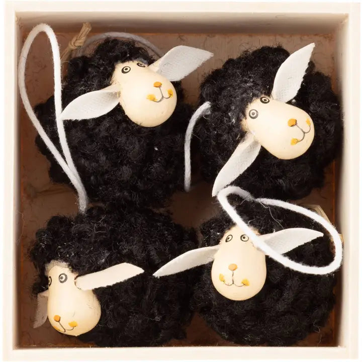 : Boxed set of 4 wooly blk sheep ornaments