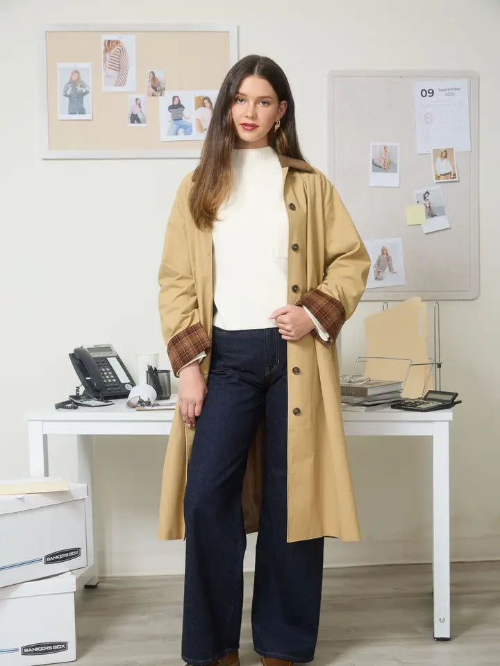 Corduroy Collar Plaid Sleeve Coat