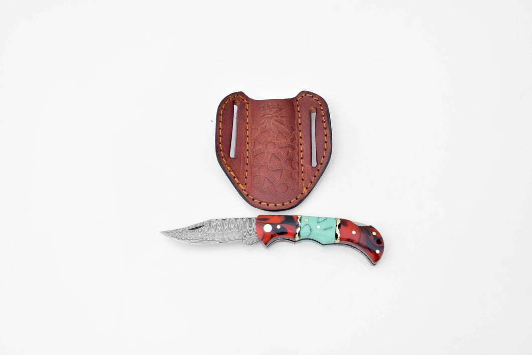 Damascus steel pocket knife Limited Run Red & Blue Resin TF-050